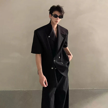 2026 Summer Fashion Double Breasted Solid Color Short Sleeve Blazer Coat Men's Elegant Temperament Korean Clothes JY6389