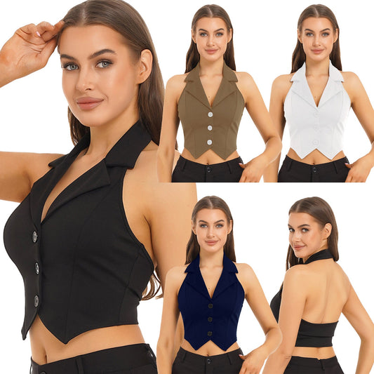 Elegant Women's Sleeveless Suits Waistcoat Halter Vests for Business Commuting Formal Clothes Mujer OL Office Ladies Crop Top