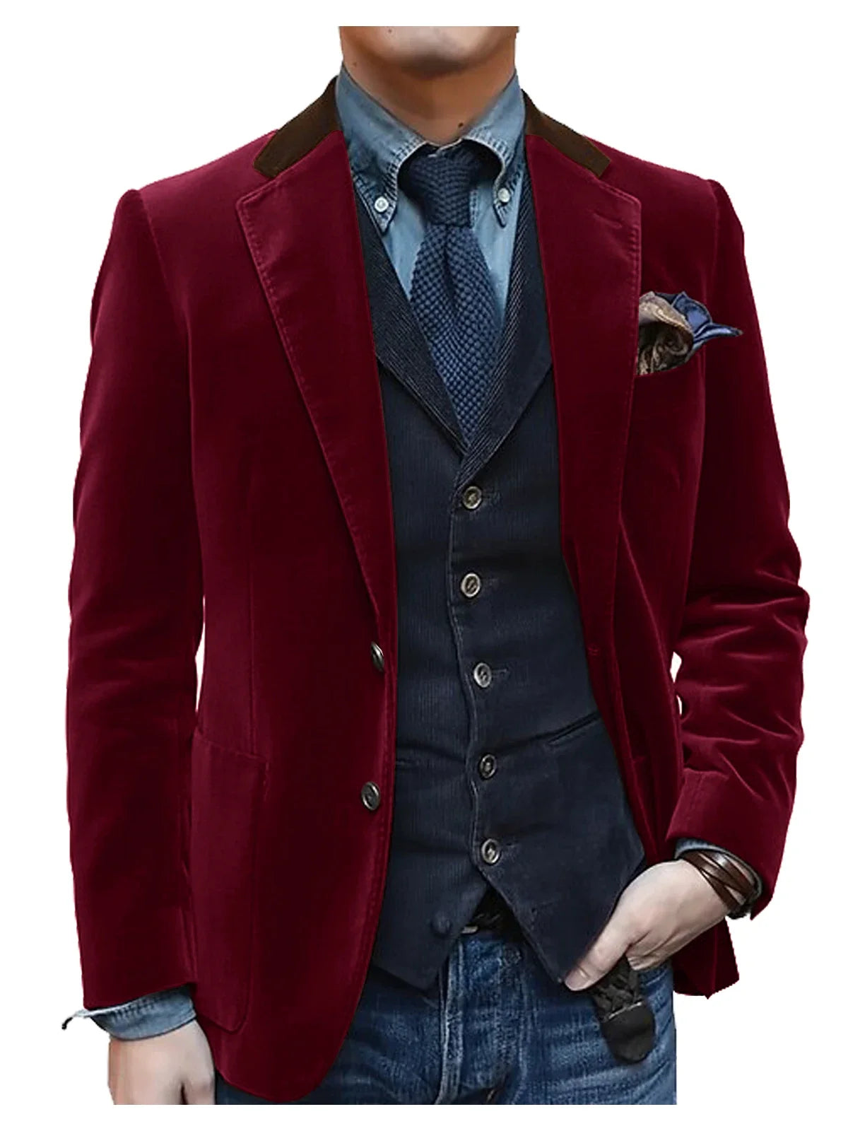 Men Velvet Blazer Contrast Brown Lapel Single Breasted Flap Pockets Smart Casual Business Streetwear Formal Outerwear