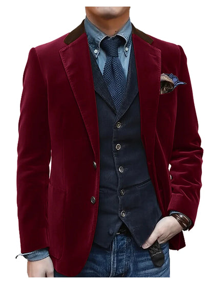 Men Velvet Blazer Contrast Brown Lapel Single Breasted Flap Pockets Smart Casual Business Streetwear Formal Outerwear