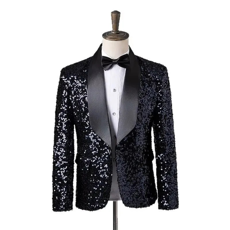 Men's Fashion Slim Fit Sequin Suit Jacket Shawl Formal Lapel Tuxedo Wedding Banquet Host Singer Nightclub Bar Stage Performance