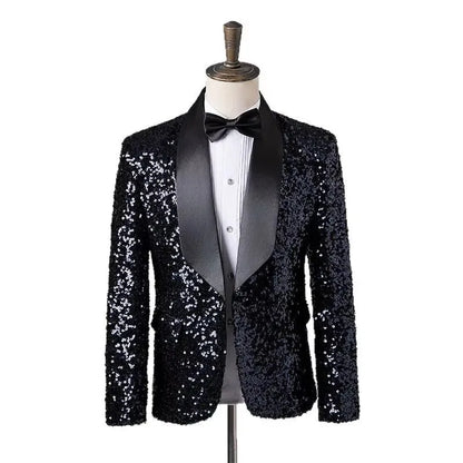 Men's Fashion Slim Fit Sequin Suit Jacket Shawl Formal Lapel Tuxedo Wedding Banquet Host Singer Nightclub Bar Stage Performance