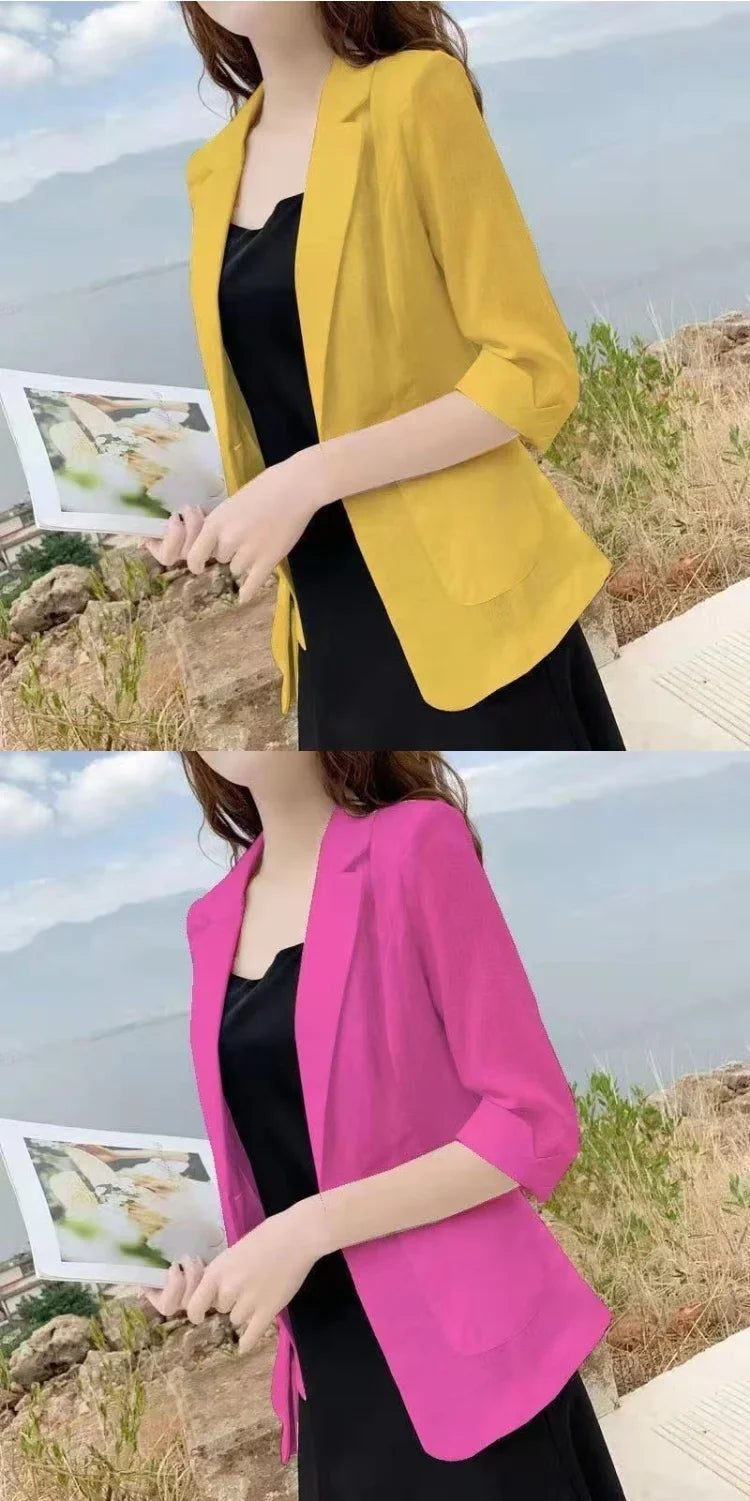 Summer New Sle Women's Linen Suit Jaet Thin Seven-Quarter Sve Drapey Fit Formal Wear Casual Commute Pure Color