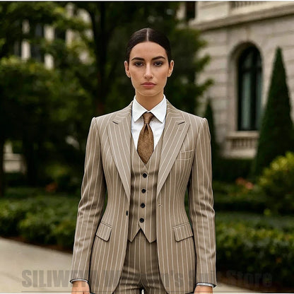 White Striped Women Suit 3 Piece Chic Peak Lapel One Button Blazer Vest Pants Formal Office Business Wedding Party Wear