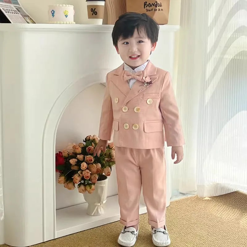 Kids 5Pieces Pure Pink Suit Set With Jacket Vest Pants Bowtie Brooch Boys Wedding Birthday Party Piano Performance Costume