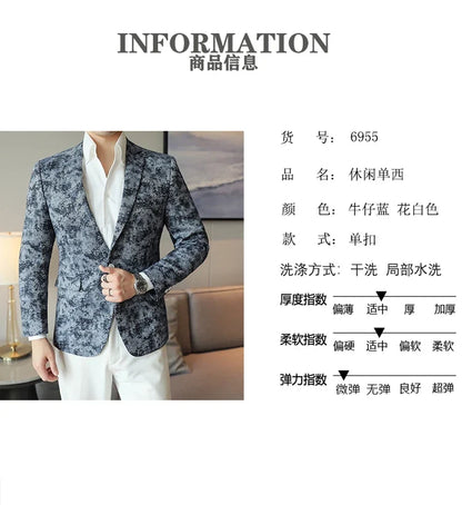 2026 Spring Denim Blue Men's Casual Suit Jacket Korean Slim Blazers Tie-dyed Business Social Jacket Banquet Party Dress Coats