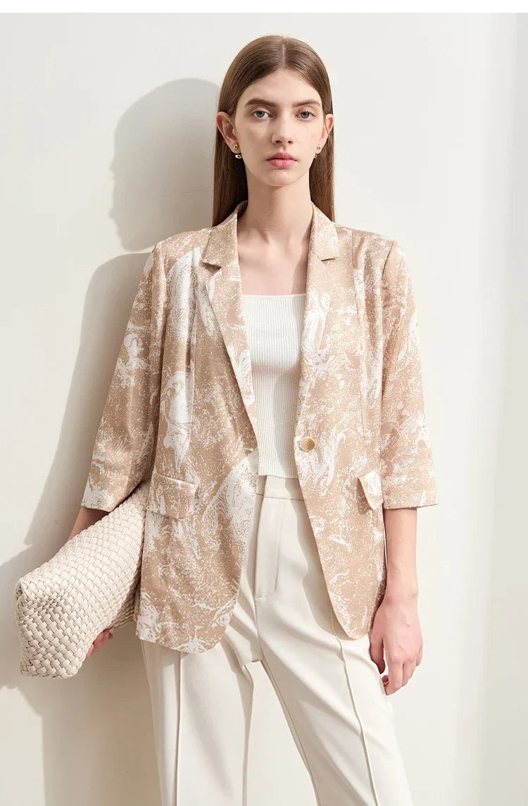 Minimalism Silk Blazers 2026 Summer Notched Printed Basic Fashion Jacket Three Quarter Women Office Lady Blouse 12452146