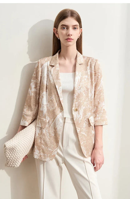 Minimalism Silk Blazers 2026 Summer Notched Printed Basic Fashion Jacket Three Quarter Women Office Lady Blouse 12452146
