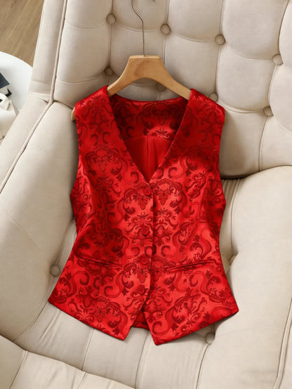 Women's Vintage Jacquard Vest in Green - Elegant Baroque Print Button-Up Waistcoat Luxury Satin Jacquard Vest with Ornate