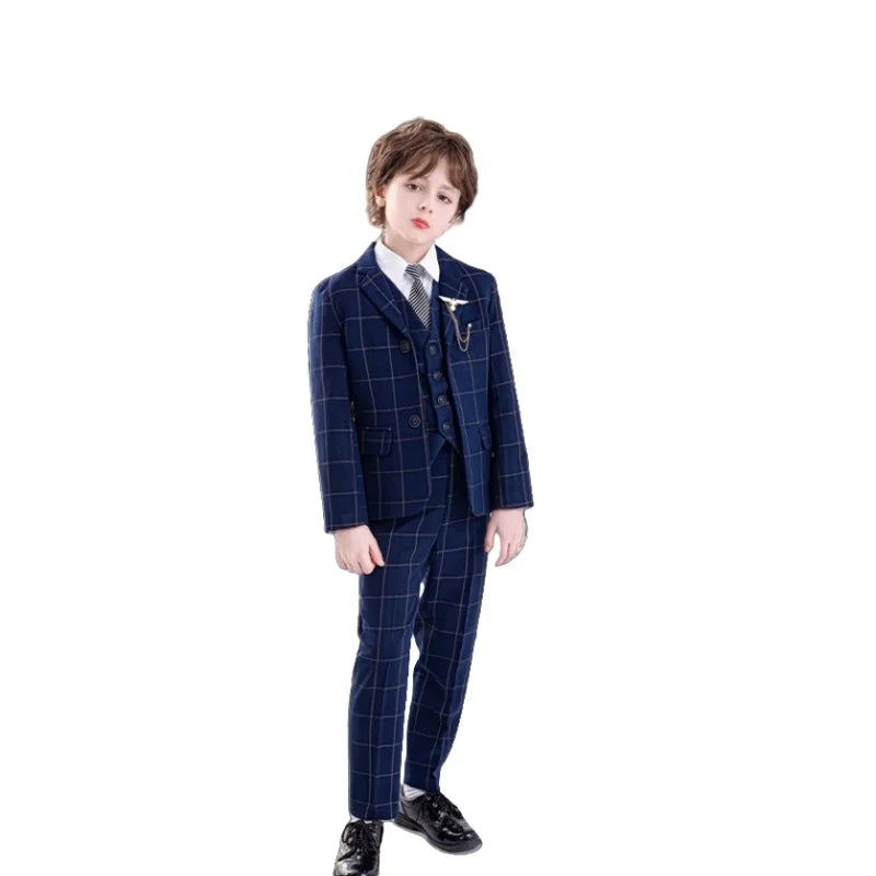 Kids Formal Blue Plaid Blazer Set For Wedding Birthday Boys Jacket Vest Pants Bowtie 4Pieces Suit Set for Piano Host Performance