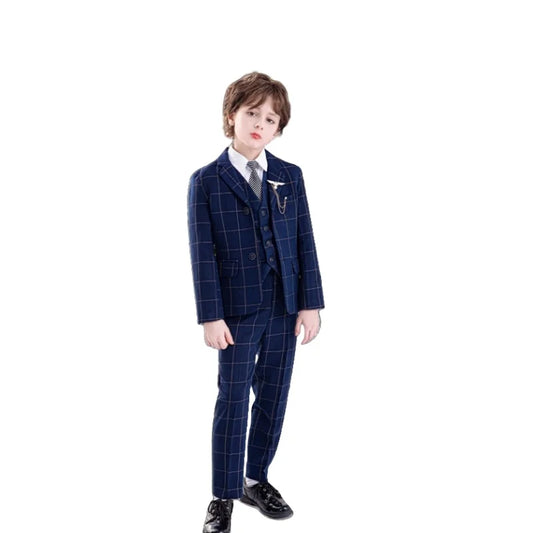 Kids Formal Blue Plaid Blazer Set For Wedding Birthday Boys Jacket Vest Pants Bowtie 4Pieces Suit Set for Piano Host Performance