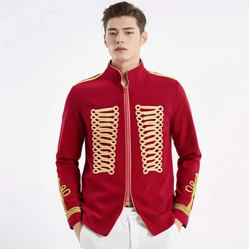 Men's European Style Stand Collar Zipper Blazer Golden Rope Detail Cosplay Middle Ages Tuxedo for Stage Performances And Parties