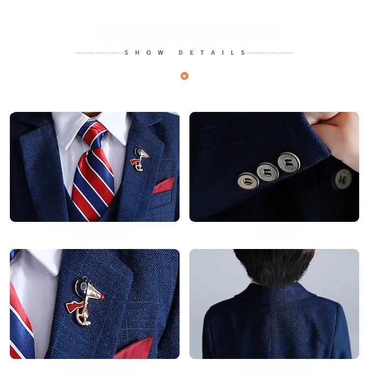 Handsome Boys Plaid Suit Set With Blazer Vest Pants Bowtie Brooch 1-11Years Kids Formal Birthday Wedding Party Outfit Suit Set