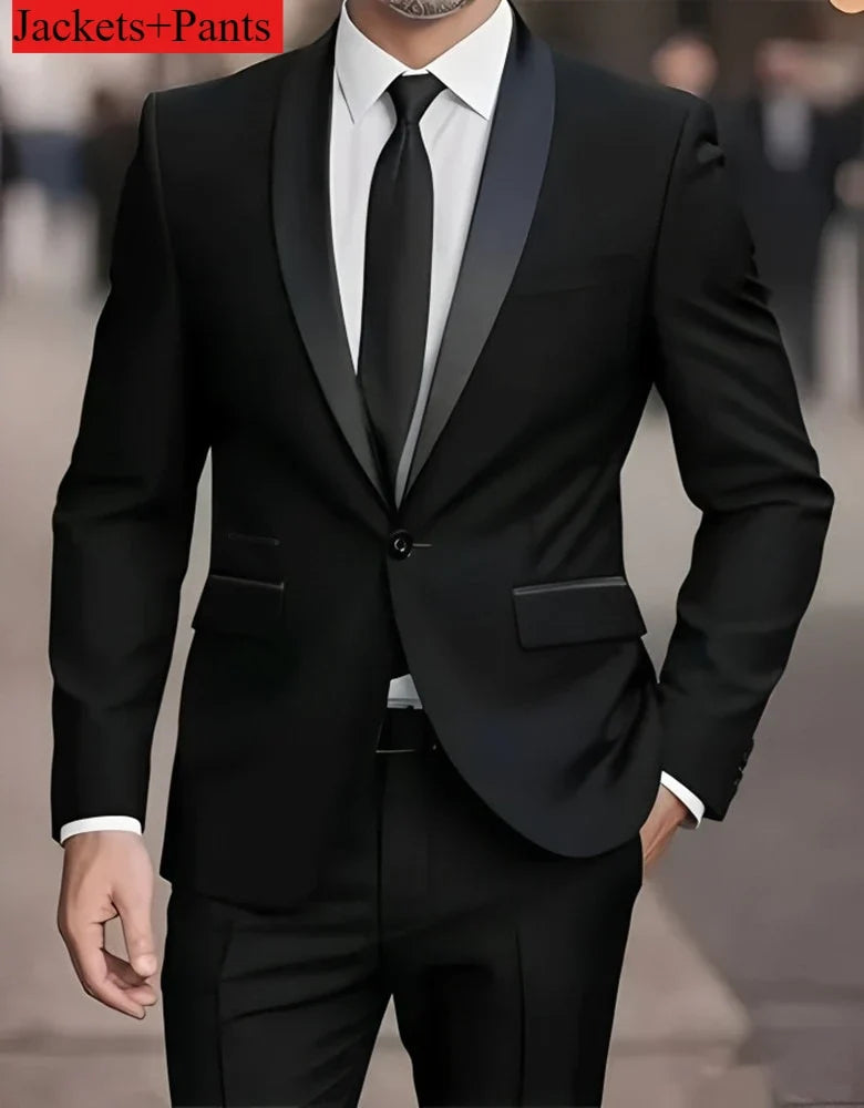 Ensemble de costume habillé pour homme, coupe ajustée, décontracté pour affaires, smoking de mariage, manches longues, revers crantés, marié