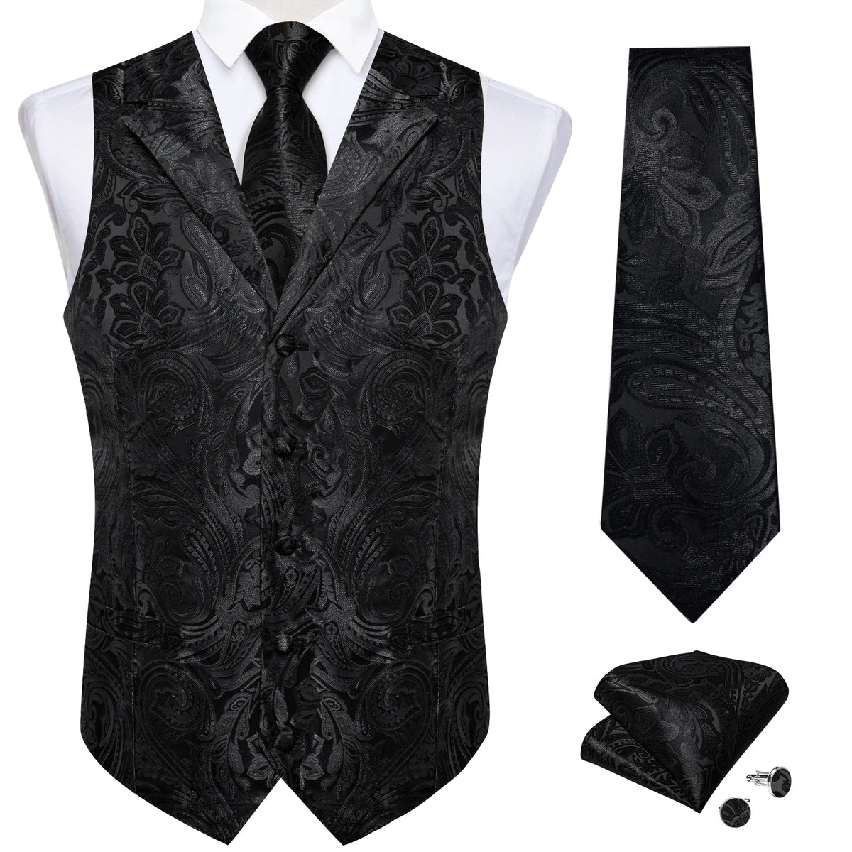 Men's Paisley Suit Vest – Single-Breasted Waistcoat with Tie, Handkerchief & Cufflinks for Weddings & Banquets