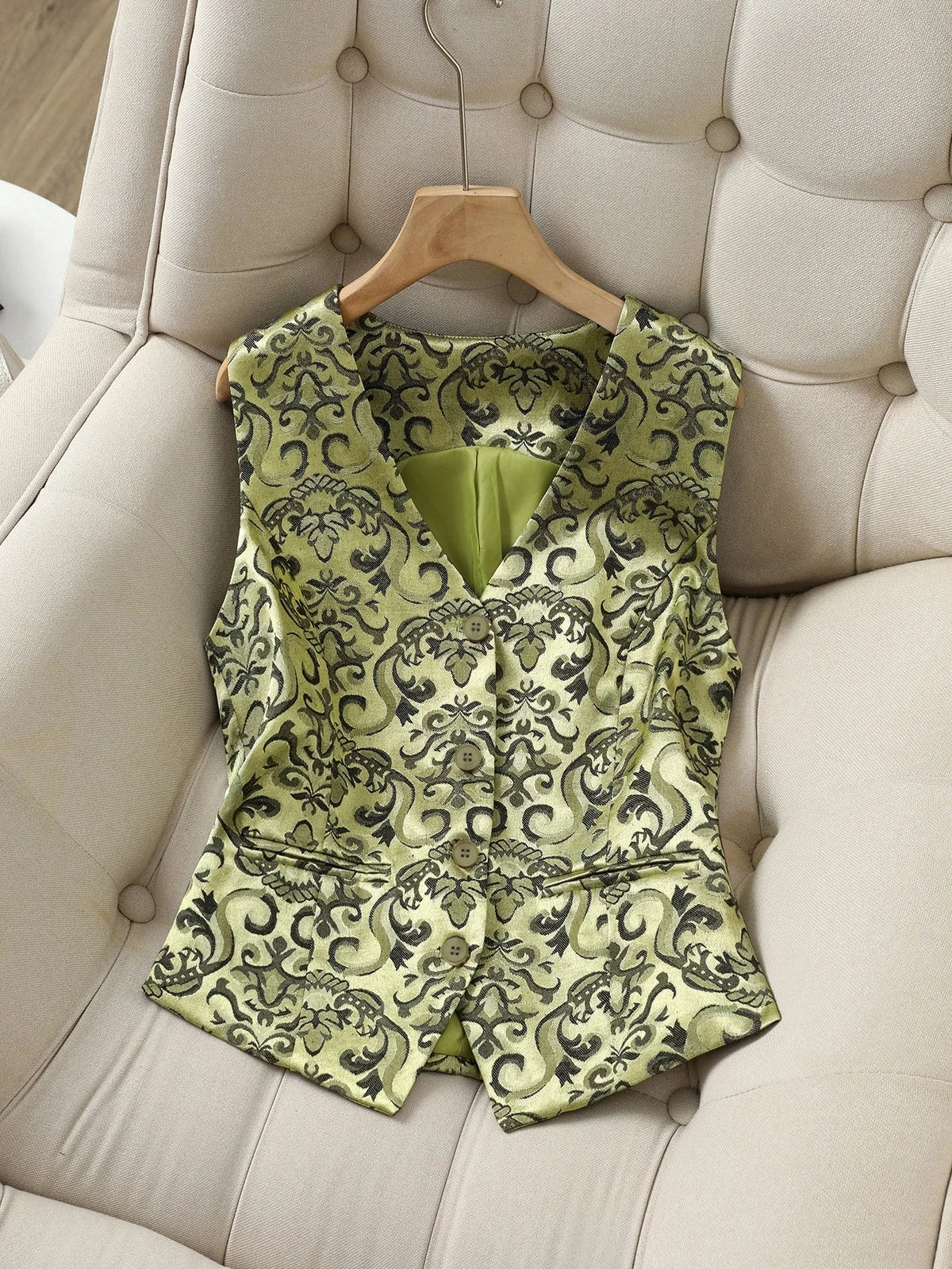 Women's Vintage Jacquard Vest in Green - Elegant Baroque Print Button-Up Waistcoat Luxury Satin Jacquard Vest with Ornate