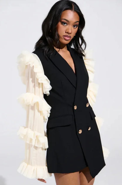 Spring Autumn New Women Blazer Double Breasted Ruffled Long Sleeve Patchwork Slim Fit Elegant Fashion Trendy Jacket HK13405