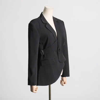 Women's Trendy Elegant High Street Hollow Out Design Pocket Slim Fit Coat Stylish Chic Asymmetric Long Sleeve Blazer HK8293