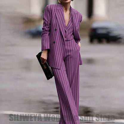 Navy Women's Striped 3 Piece Suit Double Breasted Blazer Vest Wide-Leg Pants Set Fashion Formal Party Office Casual Outfit