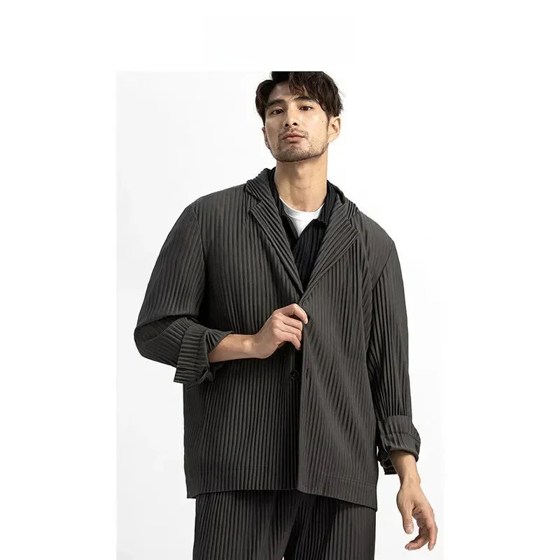 Men's Miyake Pleated Style Blazer Jacket Japanese Casual Stretch Slim Fit Business Office Fashion Luxury Wrinkle Resistant Coat