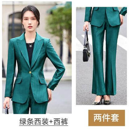 Professional Women's Suit2024New Autumn Green Striped Acetate Suit Workwear Elegant High-end Workplace Formal Wear