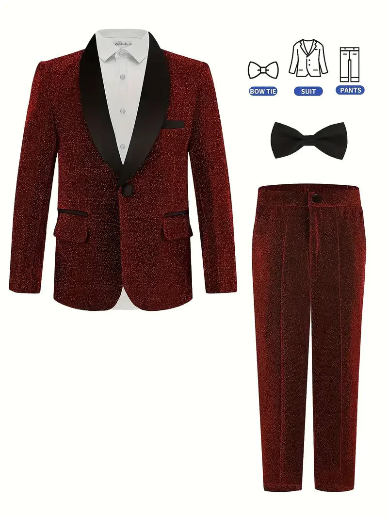 Kids Red Shining Jacket Pants Bowtie 3Pieces Suit Set 1-11Years Boys Formal Wedding Birthday Party Piano Performance Costume