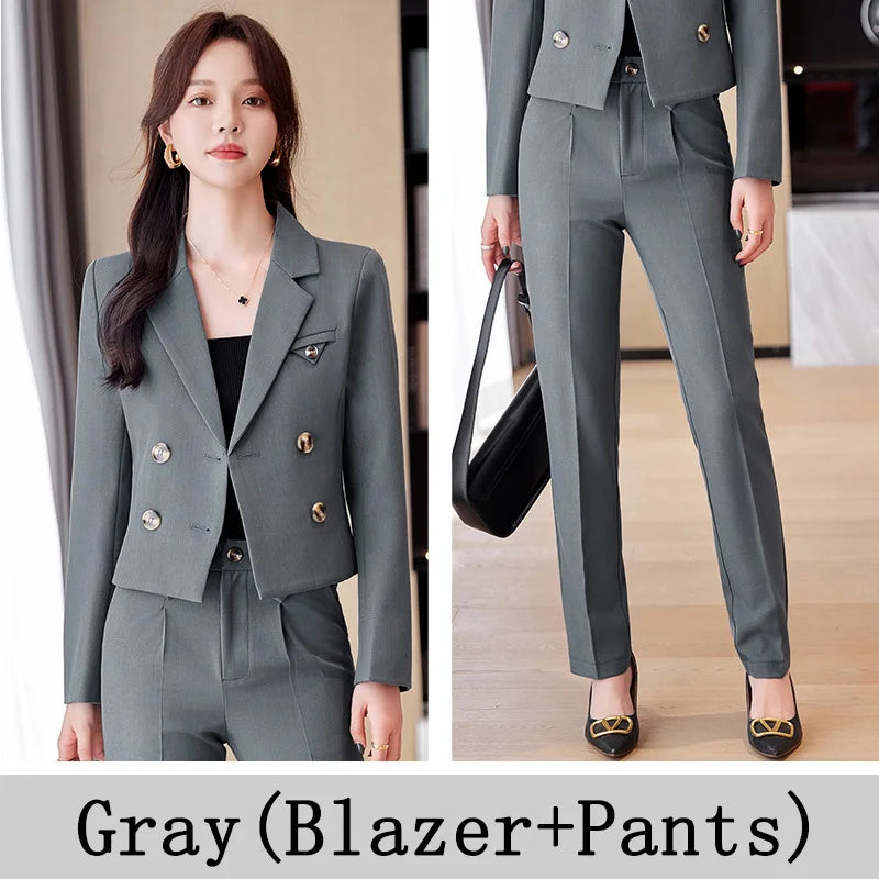 Blue Suit Women 2024 New Spring High End Fashion Temperament Professional Short Blazer And Pants Sets Office Ladies Work Wear