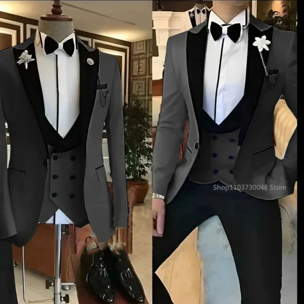 Royal blue Classic Solid Lapel 3-Pieces Men's Suit Slim Fit Elegant Blazer Vest Pant Set For Wedding And Business