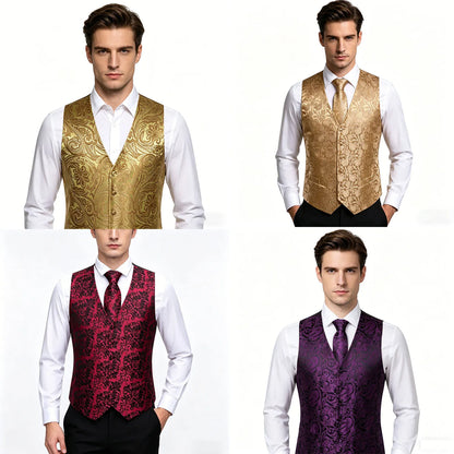 Men's Jacquard Floral V-Neck Suit Vest & Matching Tie Set, Formal Fit Waistcoat for Wedding, Prom, Business Party