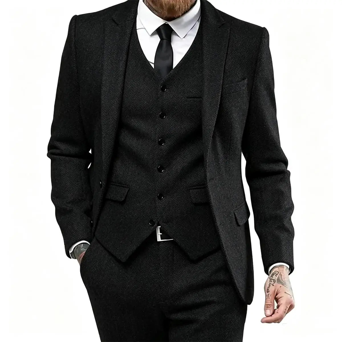 Classic Herringbone Tweed Mens Suits Stylish Vintage Tuxedo Set 3 Pieces Blazer Vest and Pant For Wedding Business Evening Party