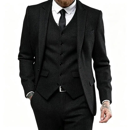 Classic Herringbone Tweed Mens Suits Stylish Vintage Tuxedo Set 3 Pieces Blazer Vest and Pant For Wedding Business Evening Party