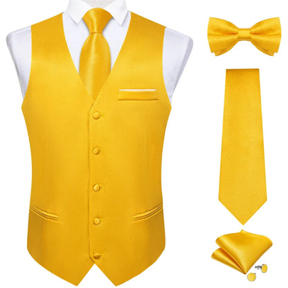 Men's Satin Suit Vest Set with Necktie Bow Tie Handkerchief and Cufflinks for Wedding and Formal Occasions
