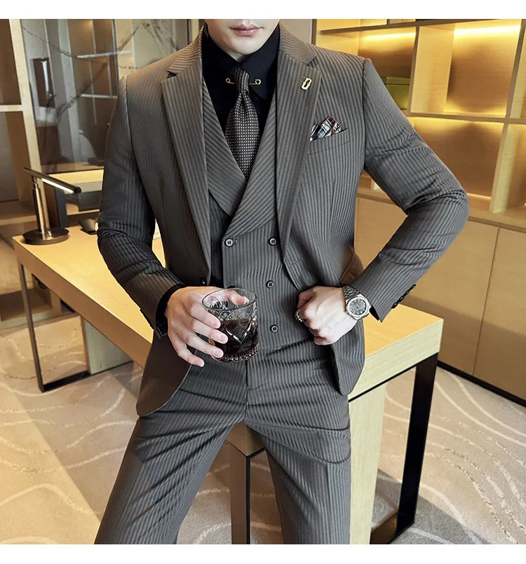 (Jackets+Pants+Vest) Luxury Stripe Men Suit Korean Version Fashion Elegant Slim Fit Tuxedo Formal Groom Wedding Social Suits
