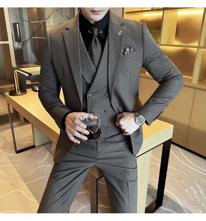 (Jackets+Pants+Vest) Luxury Stripe Men Suit Korean Version Fashion Elegant Slim Fit Tuxedo Formal Groom Wedding Social Suits