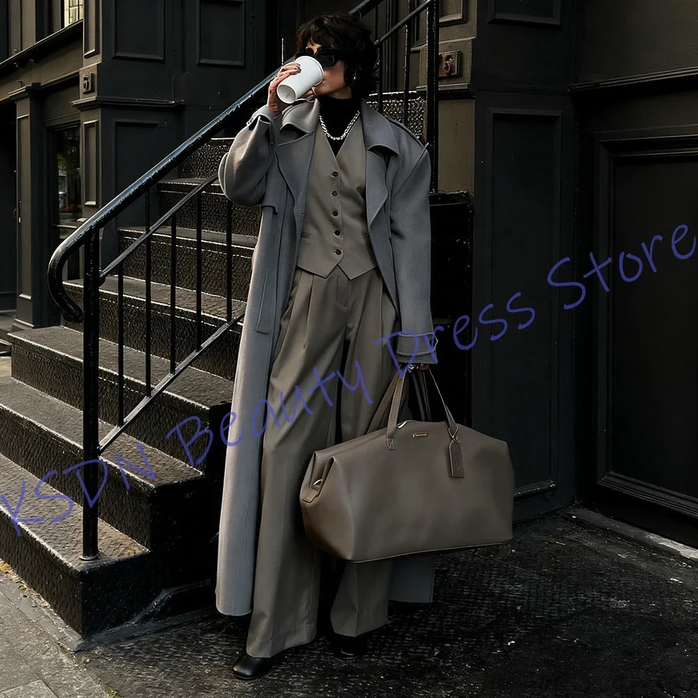 Minimalist Suit Set Women's Long Jacket 3-Piece Office & Daily Wear Grey Tweed Blezer+Pants+Vest Elegant Winter Streetwear