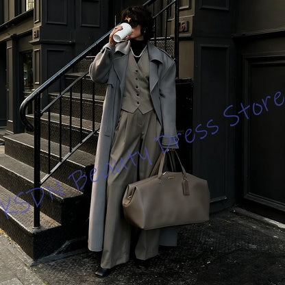 Minimalist Suit Set Women's Long Jacket 3-Piece Office & Daily Wear Grey Tweed Blezer+Pants+Vest Elegant Winter Streetwear