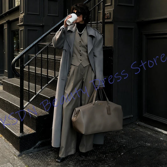 Minimalist Suit Set Women's Long Jacket 3-Piece Office & Daily Wear Grey Tweed Blezer+Pants+Vest Elegant Winter Streetwear