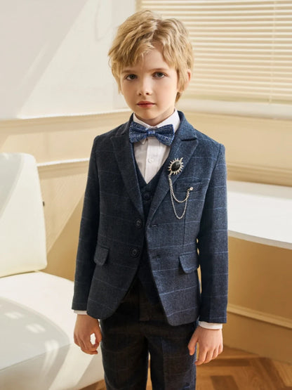 Txjojn Dark Blue Boys Plaid Suit Set 4 Pieces,Formal Long Sleeve Kids Suits For Autumn And Winter,Handsome Children's Tuxedo