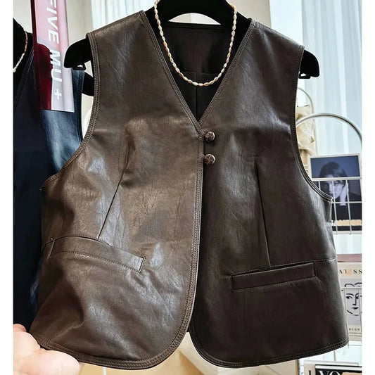 Women V Neck Casual Vest Coat Retro Femme Faux Leather Waistcoat Jacket Spring Autumn Lady Fashion PU Leather Sleeveless Outwear