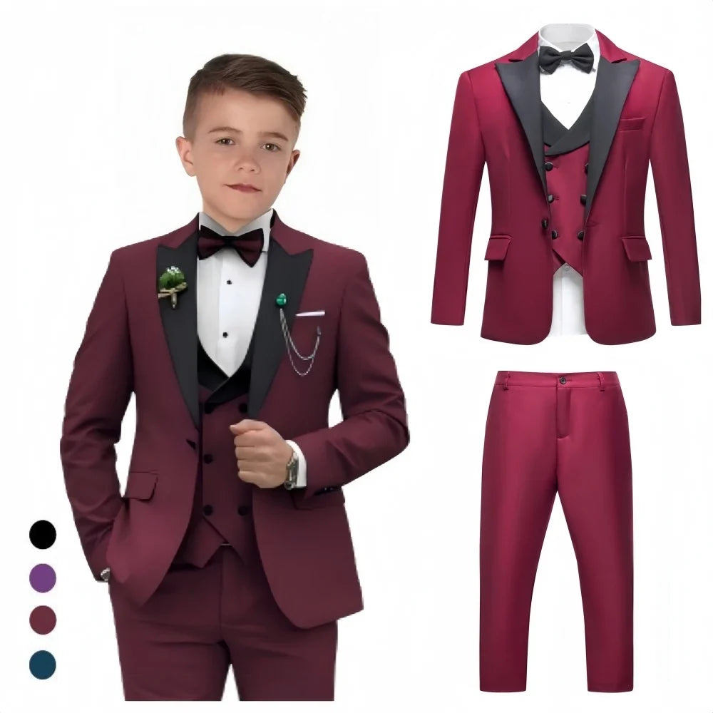 Boys 4-Piece Formal Suit Set for Kids Ages 3–14 | Solid Color Tuxedo with Blazer, Vest, Pants & Bow-Tie for Weddings & Special Occasions