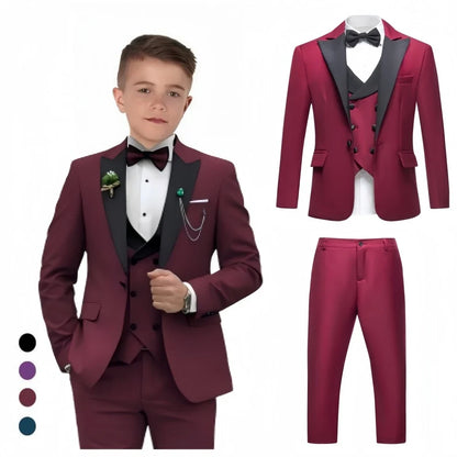 Boys 4-Piece Formal Suit Set for Kids Ages 3–14 | Solid Color Tuxedo with Blazer, Vest, Pants & Bow-Tie for Weddings & Special Occasions