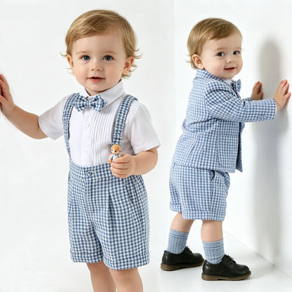 Toddler Baby Boy Checked Formal Suit Set 3 Pcs  Blazer Suspender Short Infant Gentleman Clothes For Wedding Birthday Photography