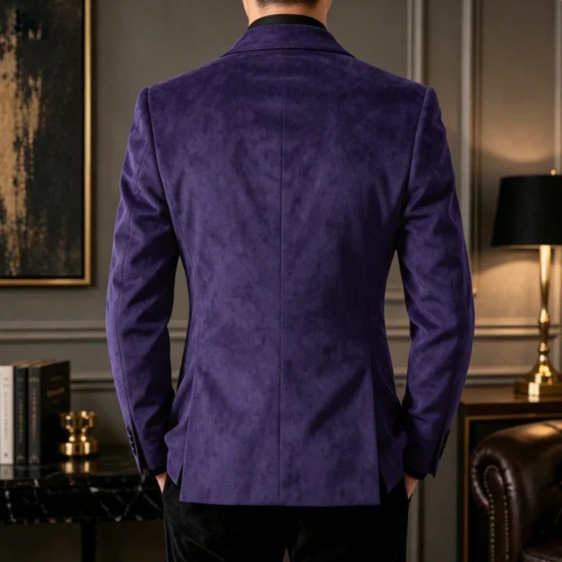 Luxury Men's Faux Suede Blazer Shawl Lapel 1 Button Slim Fit Tuxedo Jacket Business Casual For Wedding Party Prom Suit Coat