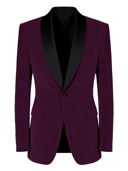 Men's Velvet Tuxedo Blazer Black Trim Shawl Lapel Slim Fit 1-Button Flap Pockets Suit Jacket Formal Wedding Party Sport Coats