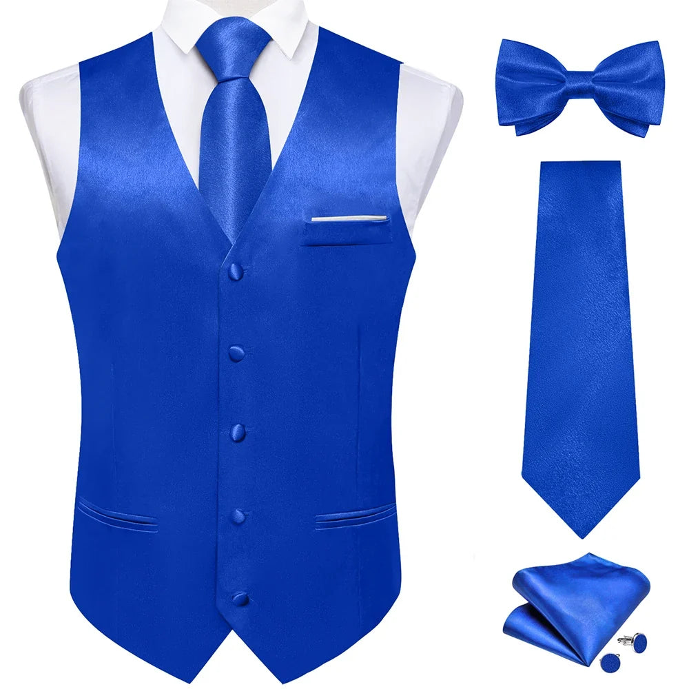Men's Satin Suit Vest Set with Necktie Bow Tie Handkerchief and Cufflinks for Wedding and Formal Occasions