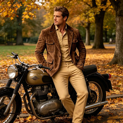 Men's Suede Safari Blazer Slim Fit Notch Lapel Multi-Pocket Hunting Jacket Autumn Winter Casual Business Sport Coat