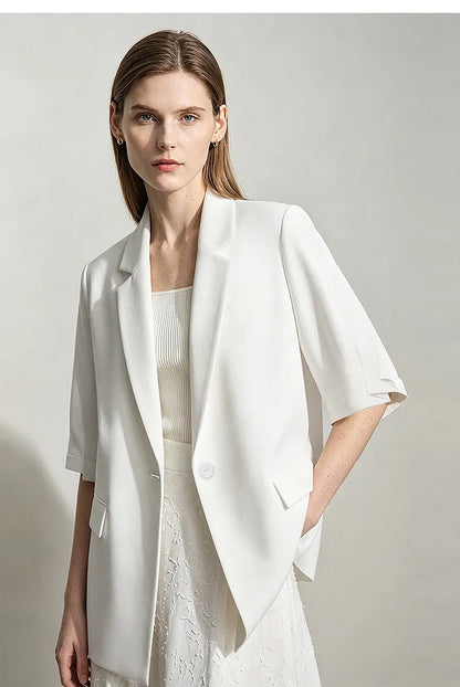 Women's Blazer 2026 Summer New Notch Lapel Linen Blend Pleated Half Sleeve Jacket Casual Office Midi Length Coat 12642184