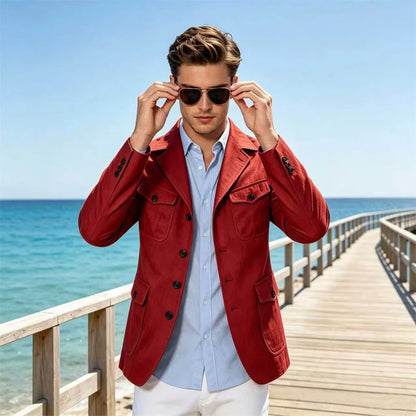 Men's Linen Safari Blazer Four Flap Pockets Slim Soft Jacket Casual Business Coat For Street Outdoor Vacation Party Daily Travel