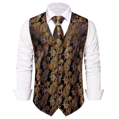 Men's Vest 5-Piece Set Black Gold Scroll Jacquard V-Neck for Banquets and Vintage Theme Events