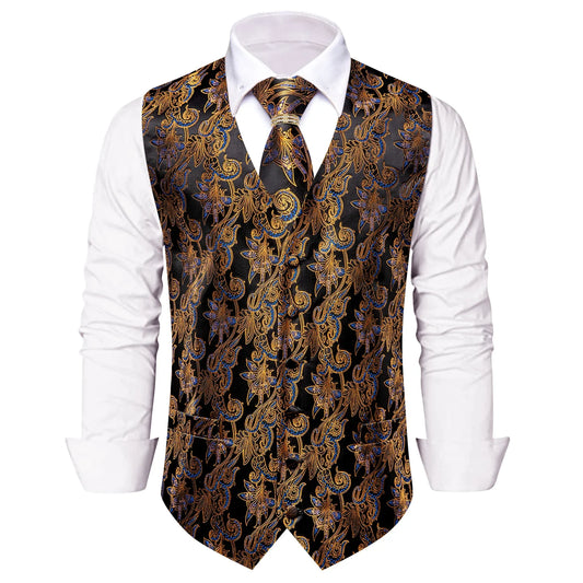 Men's Vest 5-Piece Set Black Gold Scroll Jacquard V-Neck for Banquets and Vintage Theme Events